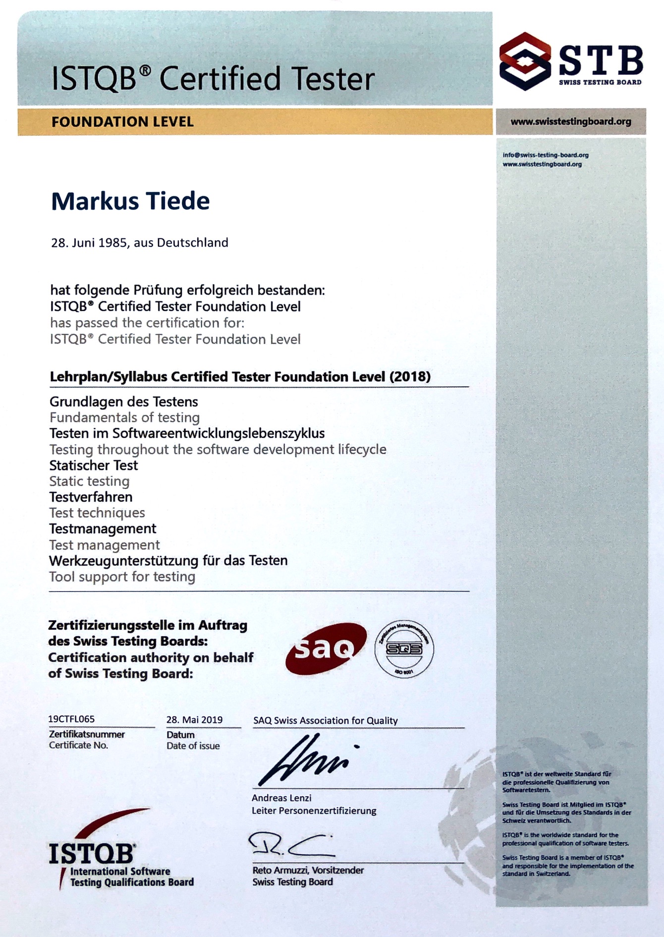 My ISTQB® - Certified Tester - Foundation Level Certificate
