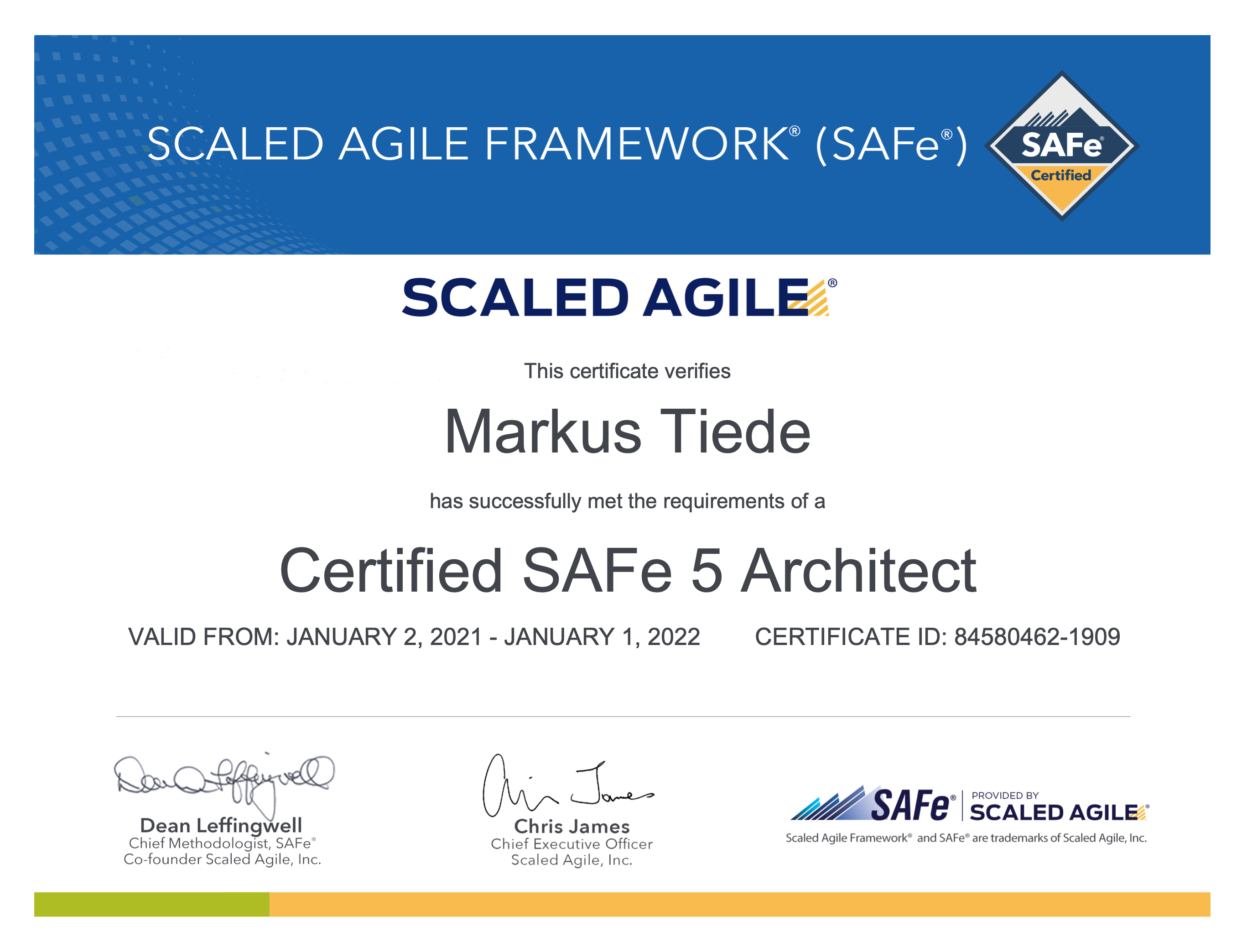 My Scaled Agile, Inc. - SAFe® Architect - Certificate